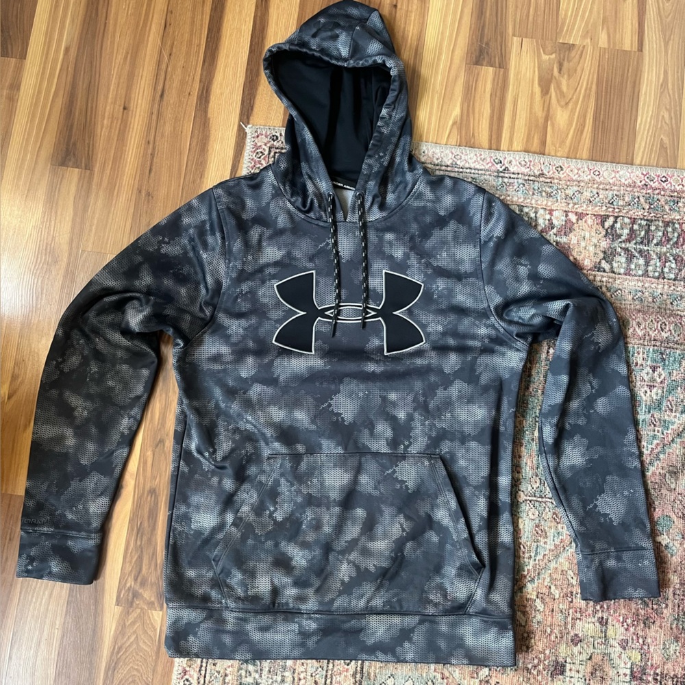 Under Armour Men's Black Gray Fleece Storm Big Camo Logo Hoodie Size Small